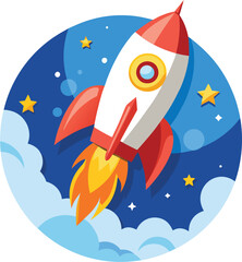 A futuristic vector logo featuring a rocket ship blasting off into space