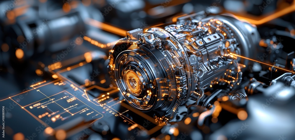 Poster Turbocharger installation concept. A futuristic engine with intricate technology and glowing circuits, showcasing advanced design and innovation in a high-tech environment.