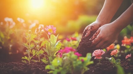 Fototapeta premium Spreading Mulch in a Colorful Flower Bed