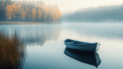 Small fishing vessel on a tranquil lake illuminated by the morning light
