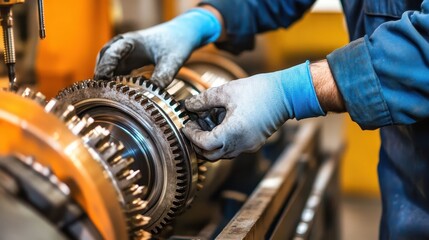 Obraz premium Technician Adjusting Gears in Dim Factory Workshop