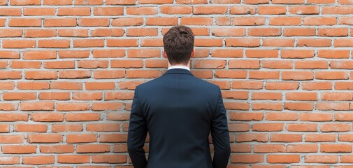 A businessman stands against a brick wall, contemplating his next career move.