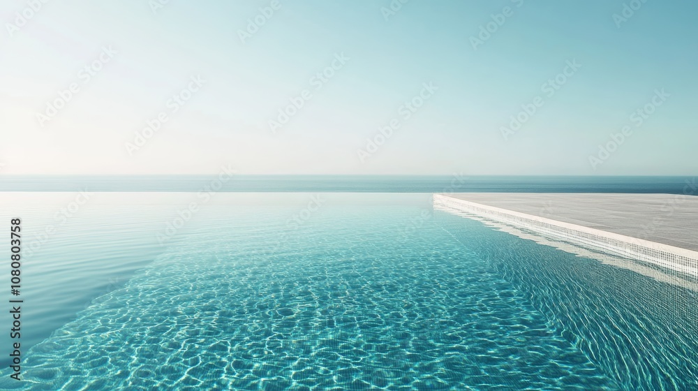 Poster Clear turquoise water in an infinity pool seems to merge with the ocean on a sunny day, creating a relaxing and luxurious atmosphere