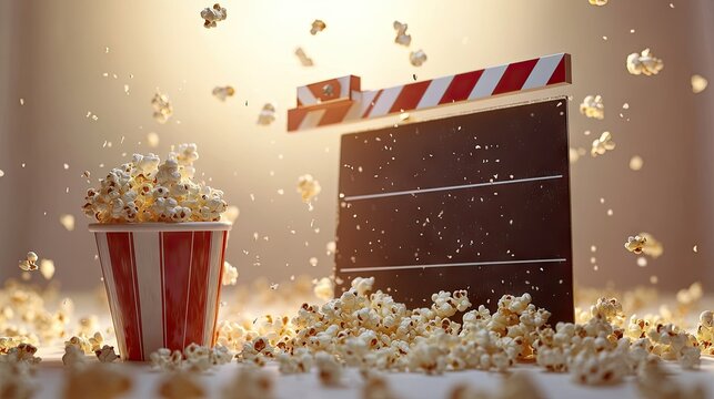 Close-up of clapperboard with popcorn bucket and spilled popcorn on a light background