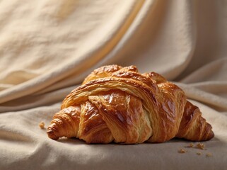 A freshly baked croissant resting on a neutral-colored linen cloth
