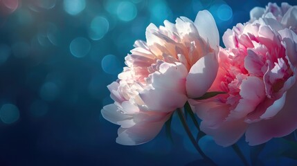 Festive floral banner featuring stunning peonies against a dark background enhancing creativity with tinted colors and bokeh effects