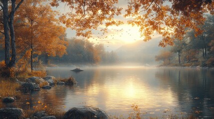 Obraz premium Serene autumn landscape with a tranquil lake and colorful foliage.