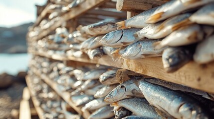 Fototapeta premium Close-up of drying fish on a wooden rack near the shore, sea breeze gently moving them