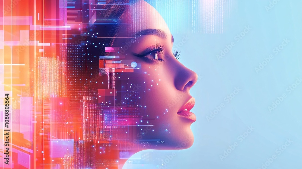 Poster Woman merging with artificial intelligence in futuristic digital background