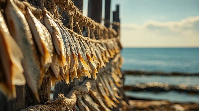 Close-up of fish drying on ropes strung along the coast, with the ocean horizon in the distance