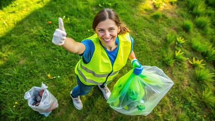 Happy Volunteer Trash Pickup Aerial Photo