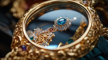 Fototapeta premium Close-up of magnifying glass enlarging jewelry details, emphasizing gemstones and craftsmanship