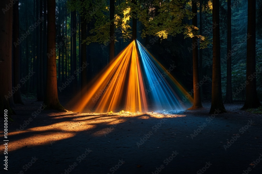 Poster A rainbow peeking through trees in a misty forest, light filtering in and creating a magical scene