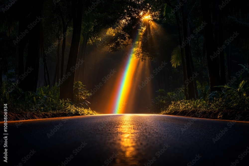 Poster A rainbow peeking through trees in a misty forest, light filtering in and creating a magical scene