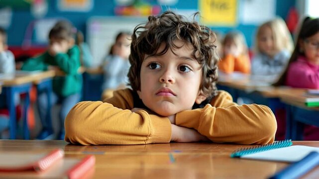 In a vibrant classroom, a boy looks thoughtfully ahead while resting his chin on folded arms. His peers engage in a lesson, adding to the lively educational atmosphere.