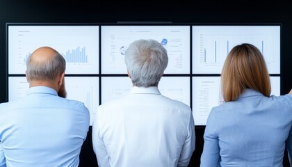 Team analyzing data on multiple screens in a modern office setting during working hours
