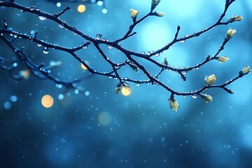 Tree branch with buds and water drops on a rainy evening