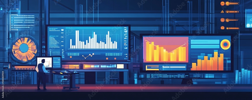 Poster Engineer monitoring data from multiple screens in futuristic control room