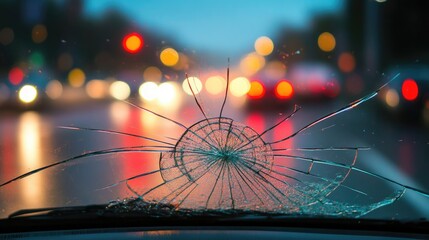 Interior view of a car featuring a cracked windshield with a blurred street backdrop Represents consequences of road incidents and the importance of insurance for life and property
