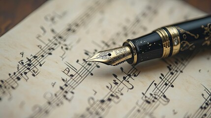 A Golden Fountain Pen Resting on Sheet Music