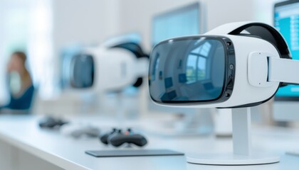 Virtual reality headset on display in a modern tech workspace during daylight hours