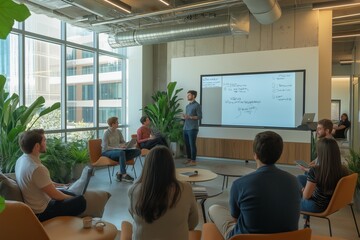 The Collaborative Business Meeting occurs in a Modern Office Space, designed to inspire creativity and teamwork as professionals brainstorm and share innovative solutions to their challenges