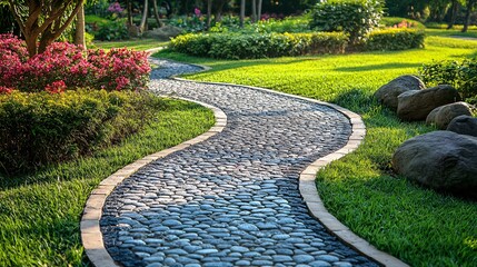 Winding garden path paved with cobblestones amidst lush greenery