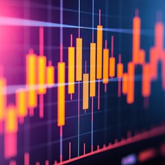 A vibrant financial chart showing candlestick patterns with fluctuating prices, highlighting market trends and trading activity.