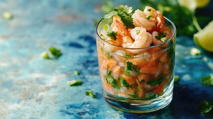 Ceviche made with shrimp lime and cilantro served in a glass resembling a vibrant take on shrimp cocktail with a blue backdrop