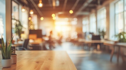 Blurred focus on a contemporary open space office interior suitable for use as a background Wide panorama with a digital touch