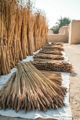 Dried stalks of grain on white cloth.