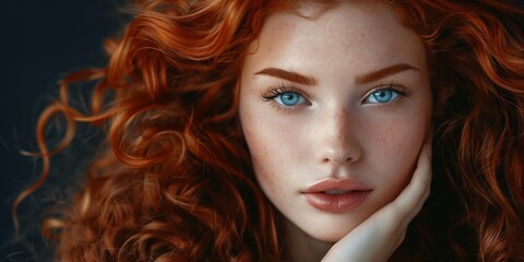 Fototapeta premium The portrait features a captivating redhaired model with stunning blue eyes and curly hair, exuding elegance, allure, and exceptional beauty with a strong and timeless expression