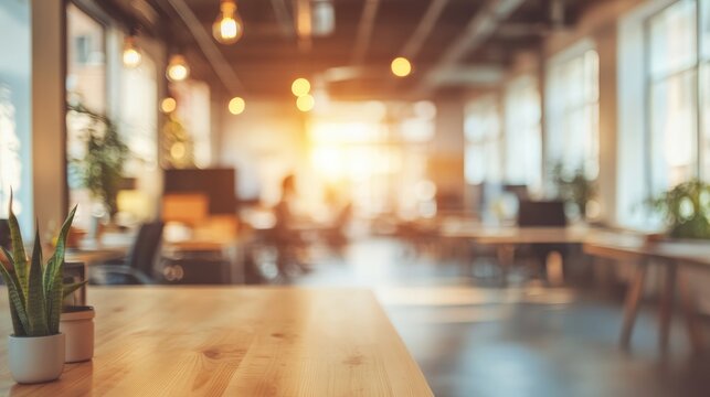 Blurred focus on a contemporary open space office interior suitable for use as a background Wide panorama with a digital touch