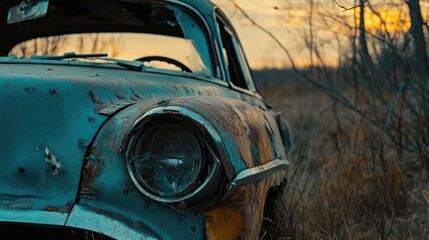 Fototapeta premium Abandoned car with missing front bumper captured outdoors in a close up side view