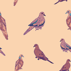 Pattern illustration of city birds pigeons. Retro doodle wallpaper - wild animals on an orange background.