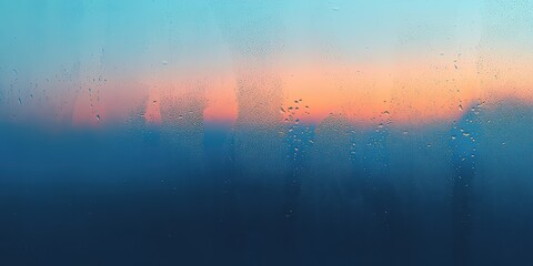 Obraz premium Beautiful Sunrise Reflection on Misty Window with Raindrops Creating a Dreamy Atmosphere and Vivid Colors in the Background
