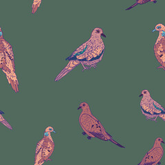 Pattern illustration of city birds pigeons. Retro doodle wallpaper - wild animals on green background
