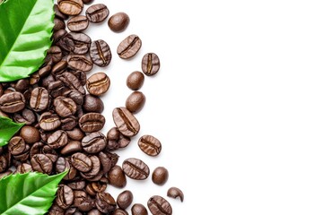 Obraz premium Coffee beans and green leaves on a white isolated background.