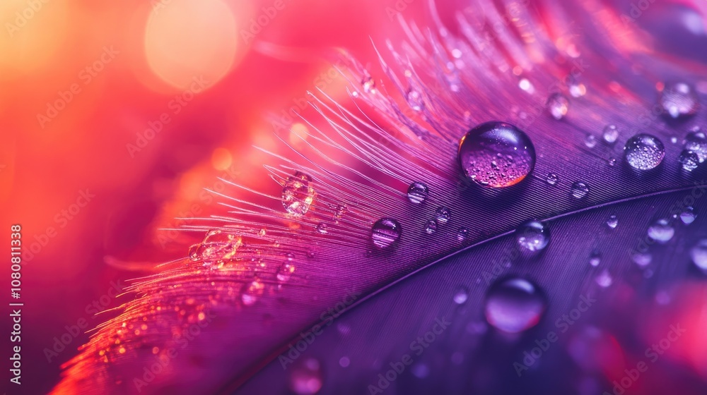 Wall mural close up of large dew drops on a fluffy feather with a soft blurred background in red and purple hue