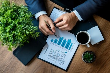 Business executive at a desk covered in financial documents showing a planning mindset