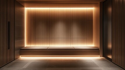 Fototapeta premium Minimalist entryway featuring wooden panels bench seating and integrated lighting