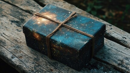 Obraz premium Enchanting Celestial Inspired Gift Box on a Weathered Wooden Surface