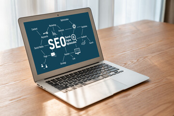 SEO search engine optimization for modish e-commerce and online retail business showing on computer...