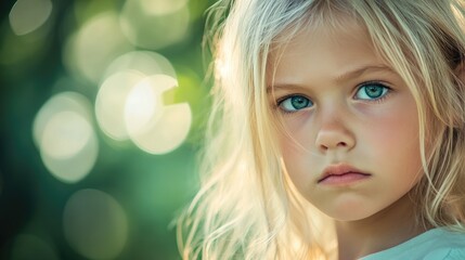 Fototapeta premium Defocused close up of a pensive blond girl with a serious expression Blurred green nature bokeh creates a soft background for this portrait of a confused child