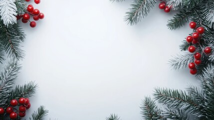 Festive Winter Background with Snow-Covered Pine Branches and Red Berries for Holiday or Seasonal Celebrations