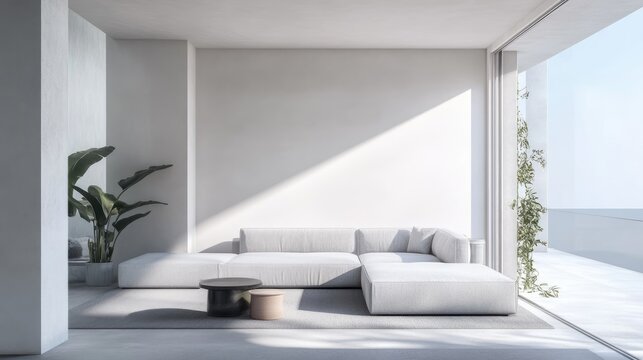 Light grey living room featuring minimal furniture and natural window lighting Interior design layout with ample space for text