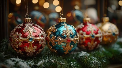 Festive christmas ornaments: elegant red and blue baubles with gold detailing on snowy branch