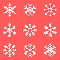 Set of snowflakes on red background. Christmas decoration