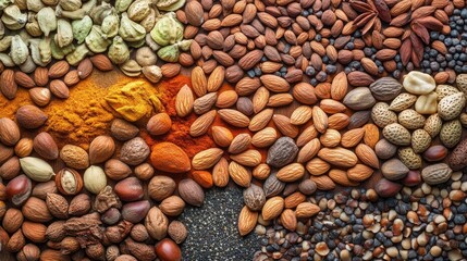 Naklejka premium Variety of aromatic spices and nuts displayed from a panoramic overhead perspective