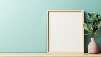 A white frame sits on a shelf next to a pink vase with a green plant in it